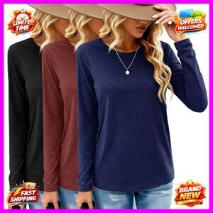 3 Pack Long Sleeve Crew Neck T-Shirts Loose Fit Basic Tees Casual Tops